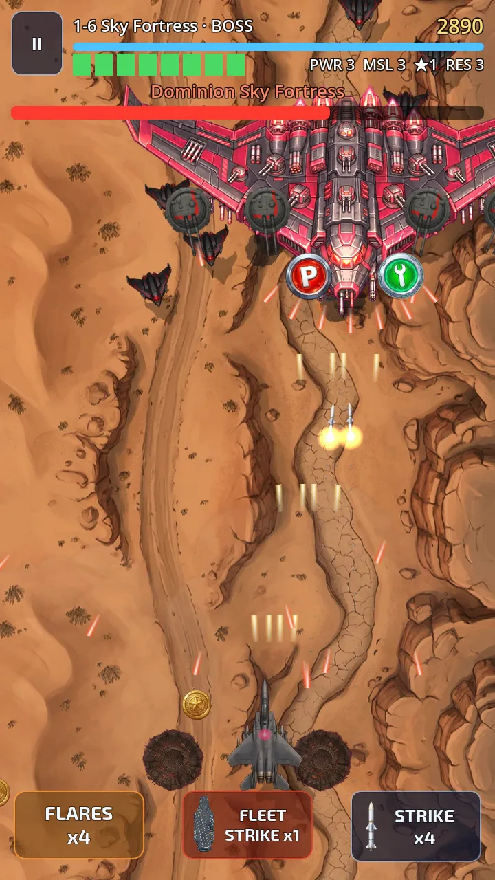 A strike fighter trading fire with the Dominion Sky Fortress over the desert