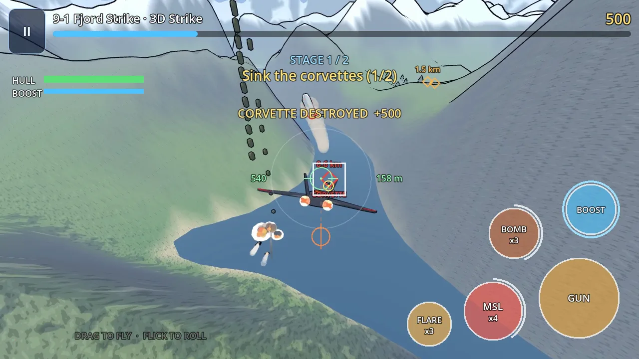 The Dark Vengeance firing at corvettes among snowy fjord peaks