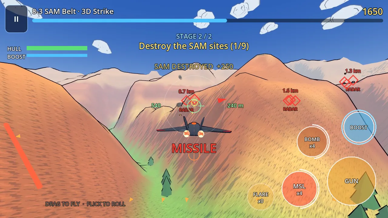 The Dark Vengeance firing a missile at a SAM site over a canyon ridge