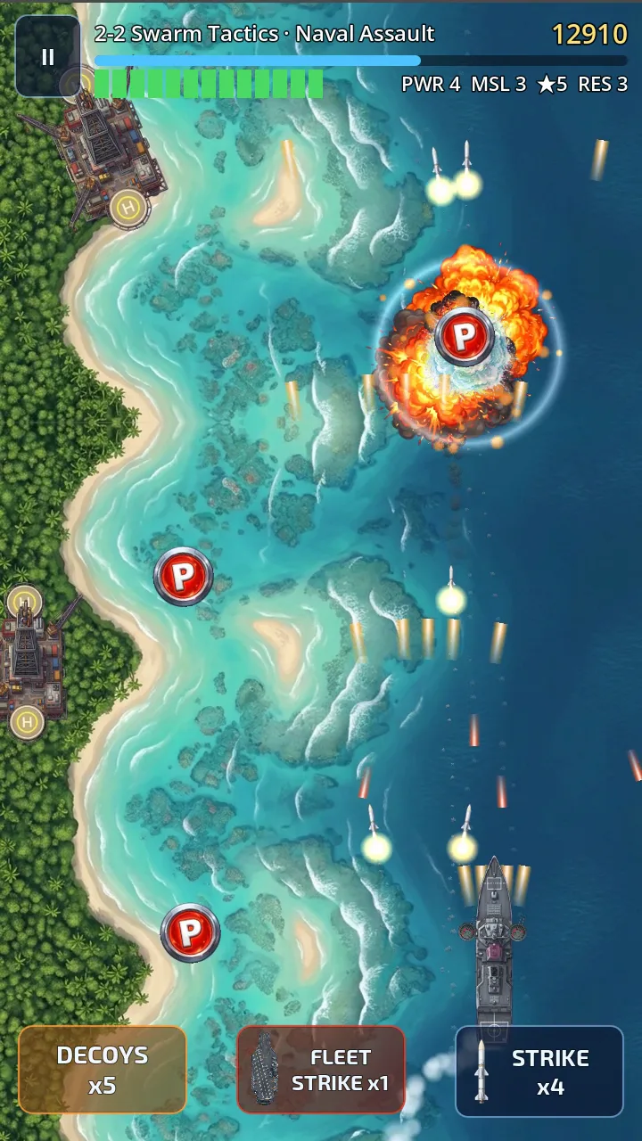 A destroyer fighting drone boats and missiles along a jungle coast